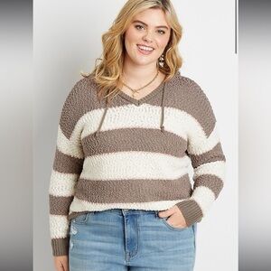 Maurice’s Women’s Pink White Brien Stripe Hooded Pull Over Sweater Large